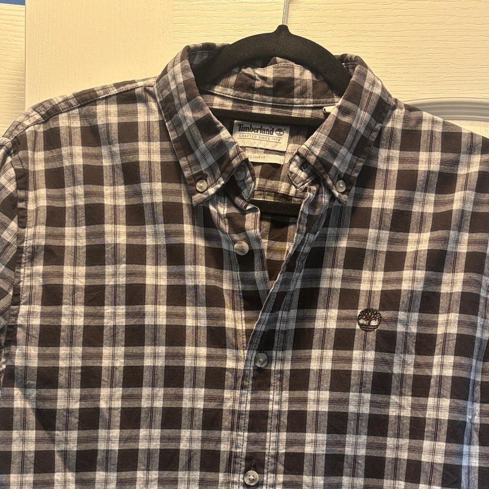 Timberland Men's Brown and White Plaid Shirt
